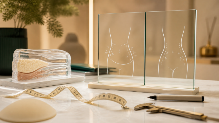 Imagem conceitual com contorno corporal, fita metrica e planejamento cirurgico para artigo sobre abdominoplastia e lipoaspiracao