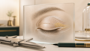 Imagem conceitual anatomica de palpebras e instrumentos de precisao para artigo sobre blefaroplastia